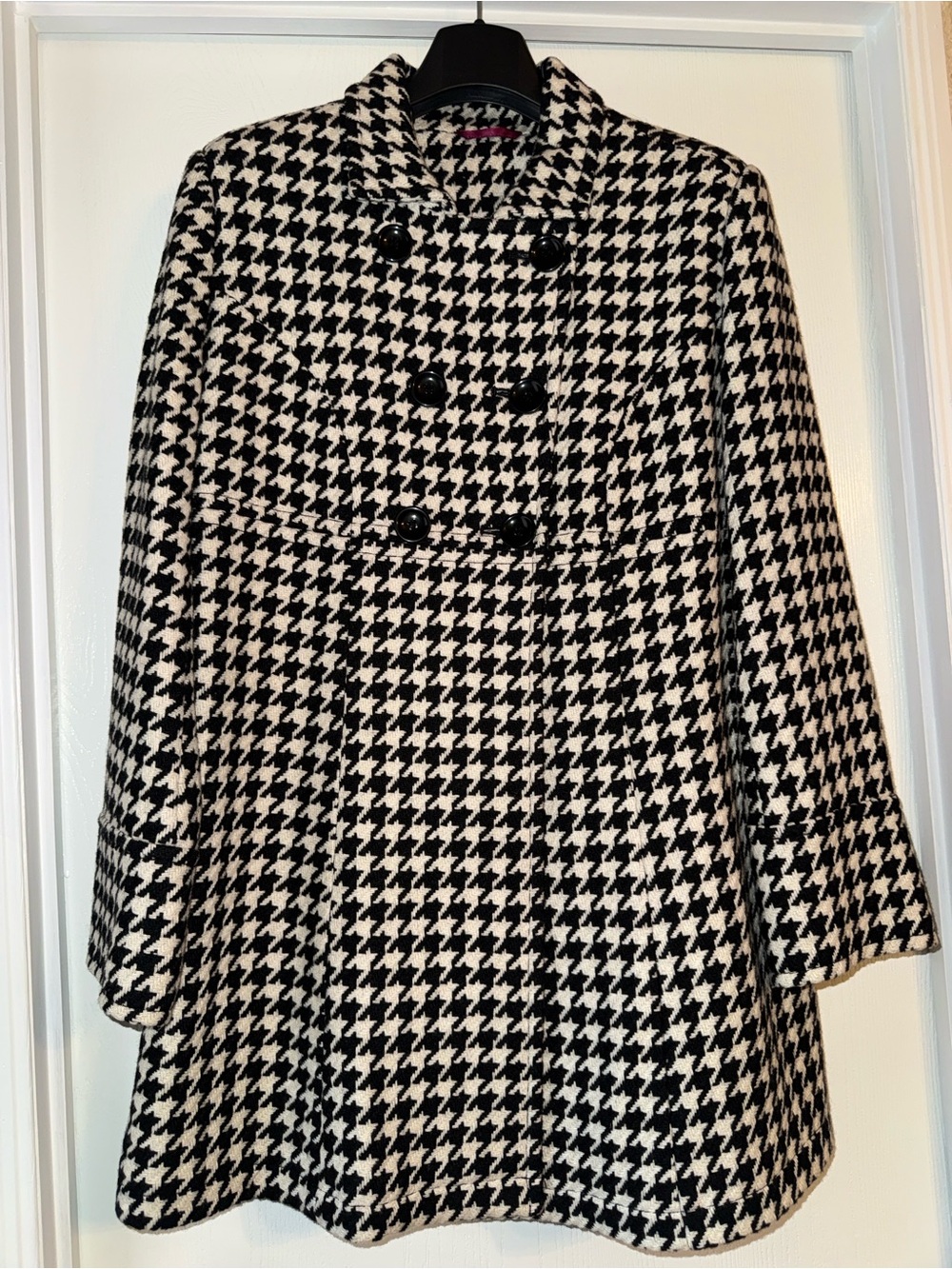 Black & White Houndstooth Double-Breasted Long Trench Coat